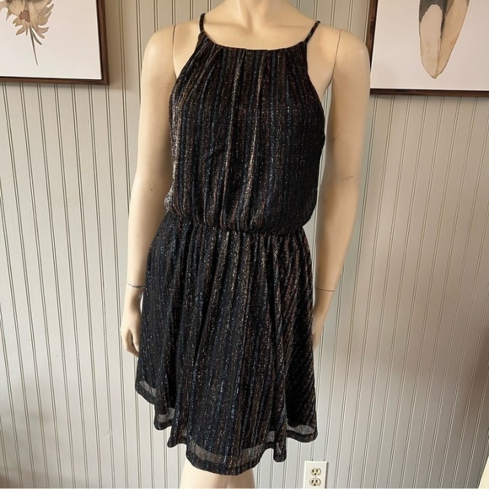 Delissa High Neck Multi Color Shimmer Black Sleeveless Dress